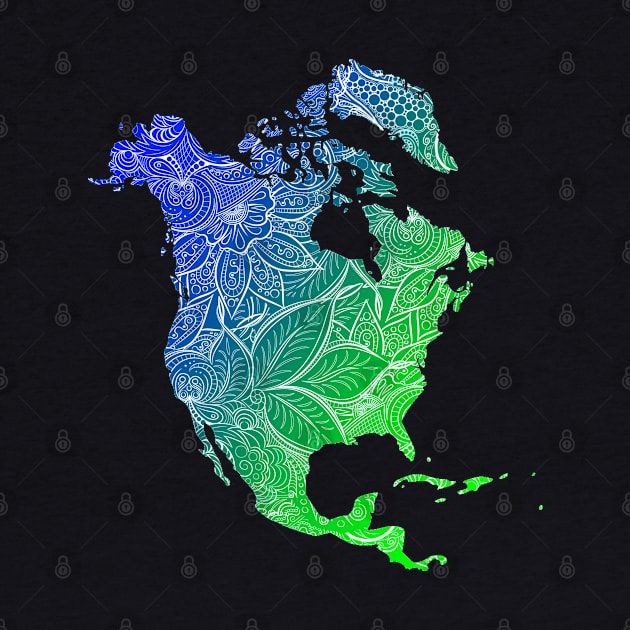 Colorful mandala art map of North America with text in blue and green by Happy Citizen